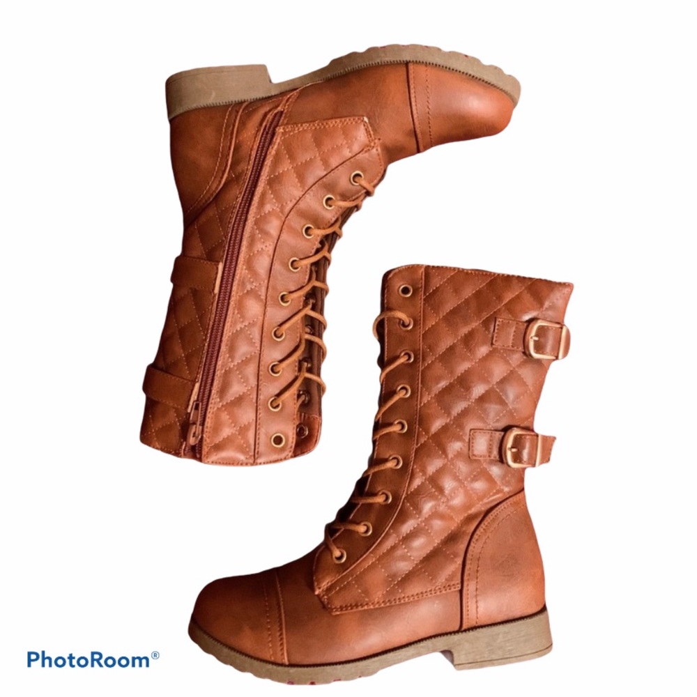 Girls Camel Brown Tall Quilted Combat Boots SZ 3